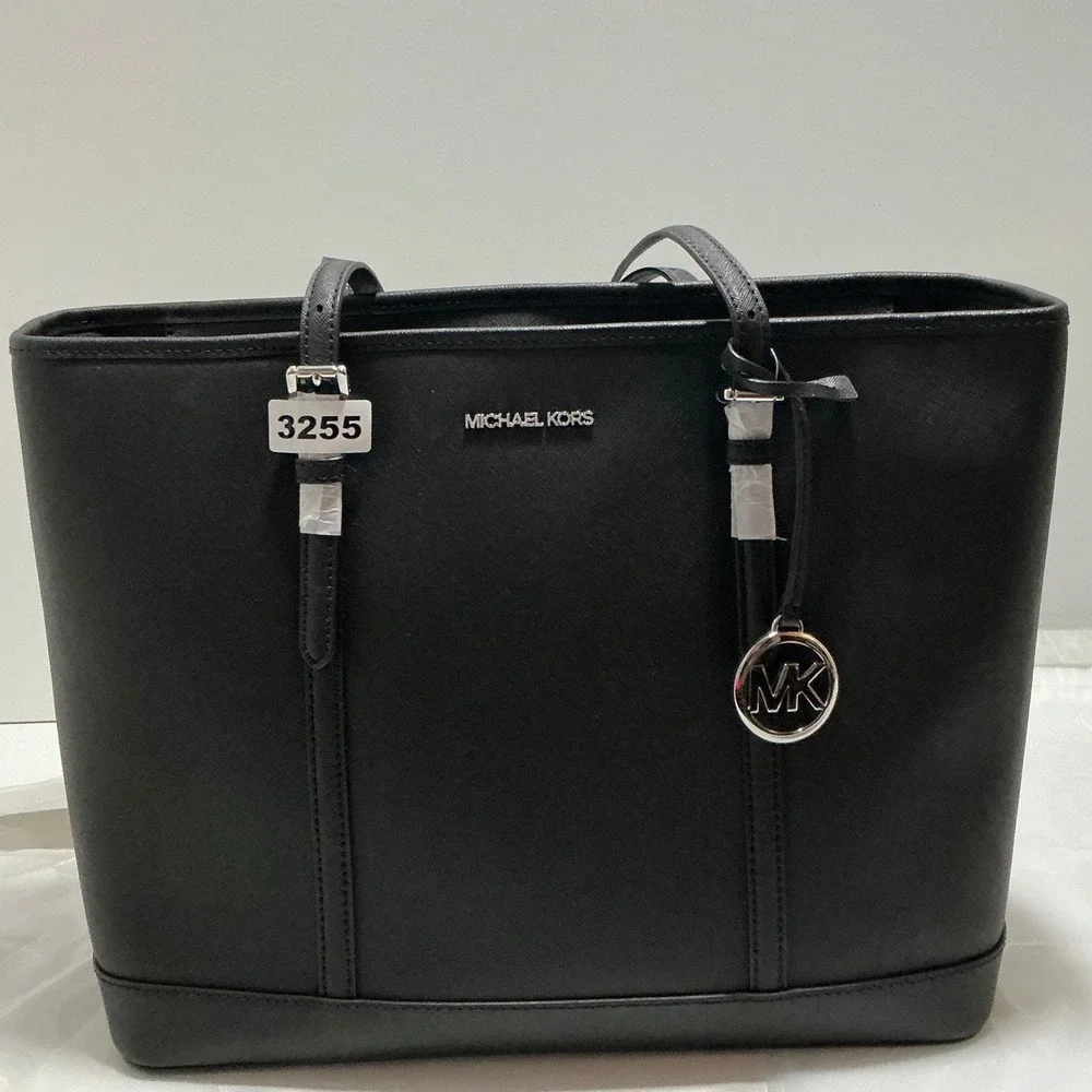 Michael Kors Charlotte Large Top Zip Tote Black Saffiano Leather Silver Hardware